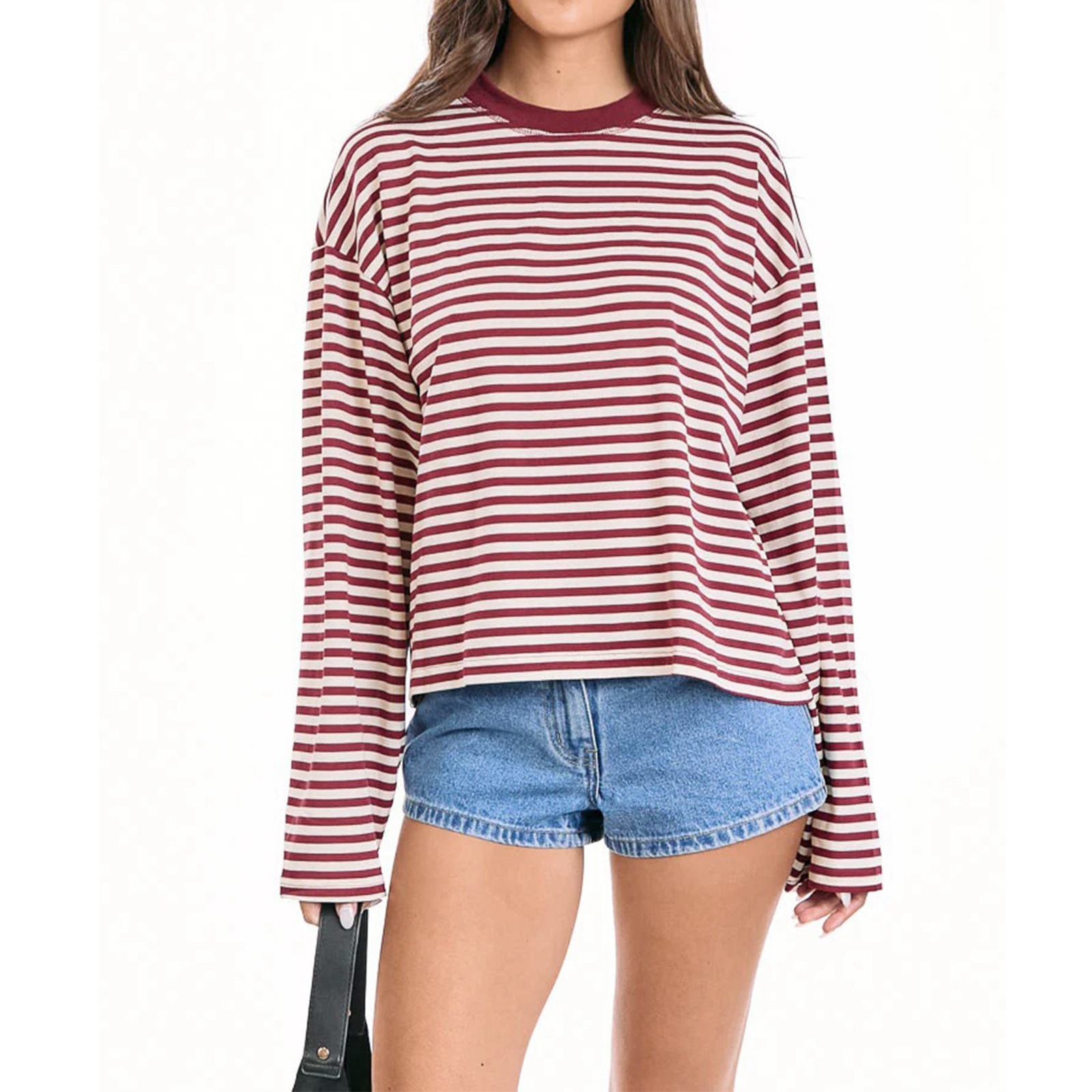 Women's Color Block Striped Long Sleeve Top, Loose Crew Neck Batwing Sleeve Casual Tee, All Seasons Wear, Moderate Thickness-TACTILEFABLE