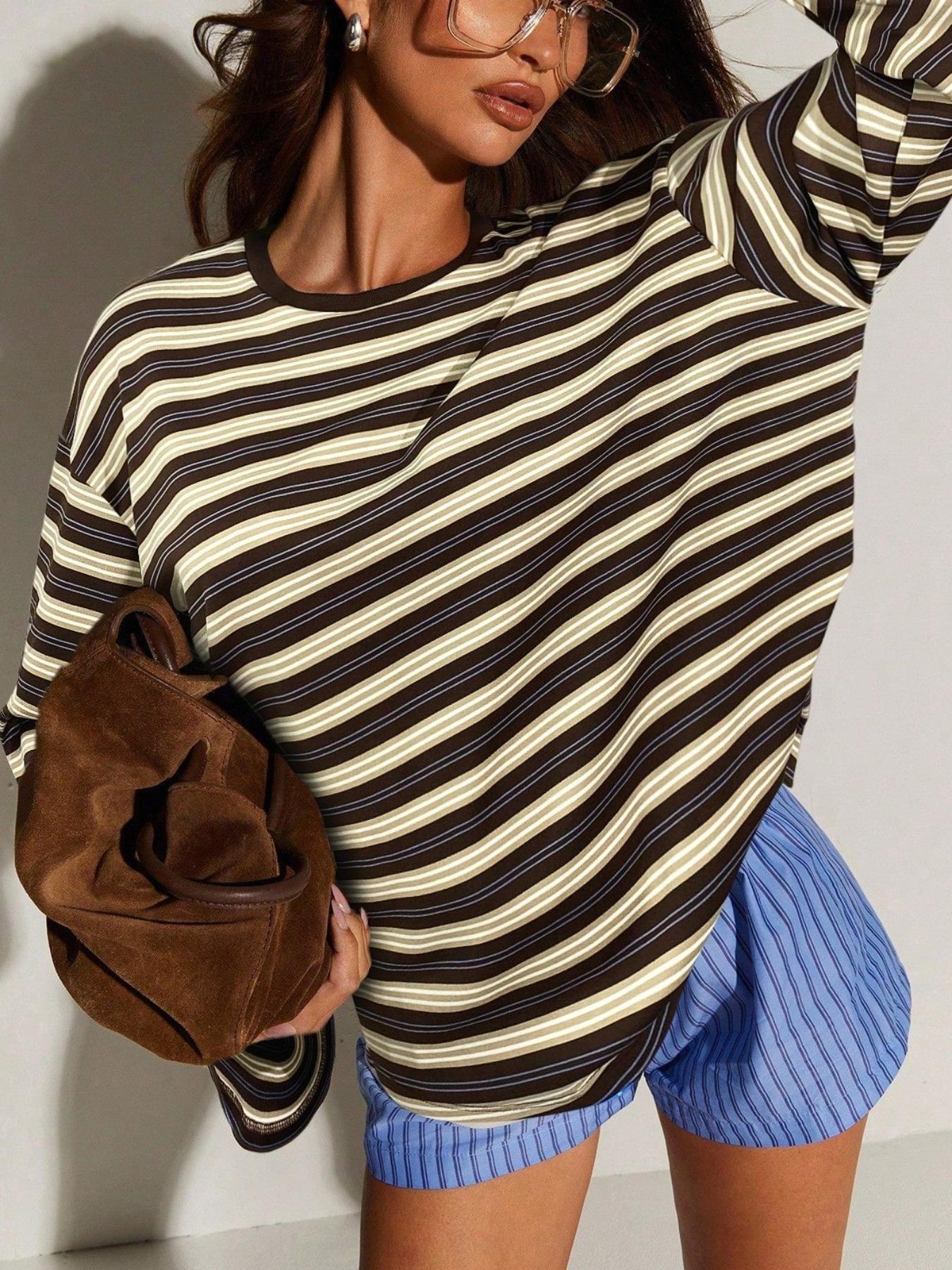 Women's Classic Casual Striped Long Sleeve Spring Fall Round Neck Fitted Top, Versatile Stripes Design, Perfect for Daily Wear-TACTILEFABLE
