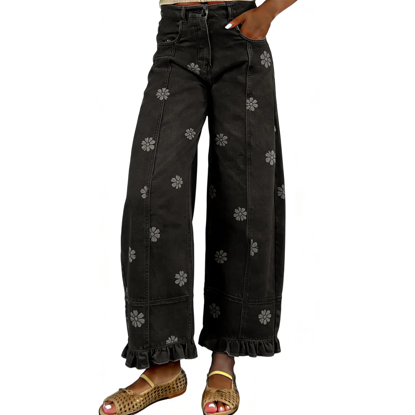 Women's High Waist Floral Print Wide Leg Pants, Ruffle Hem Casual Trousers-Tactilefable