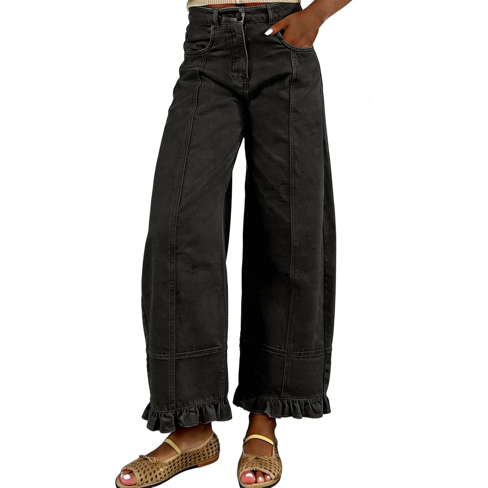 Women's Mid Rise Wide Leg Denim Pants, Ruffle Hem Seamed Washed Jeans-Tactilefable