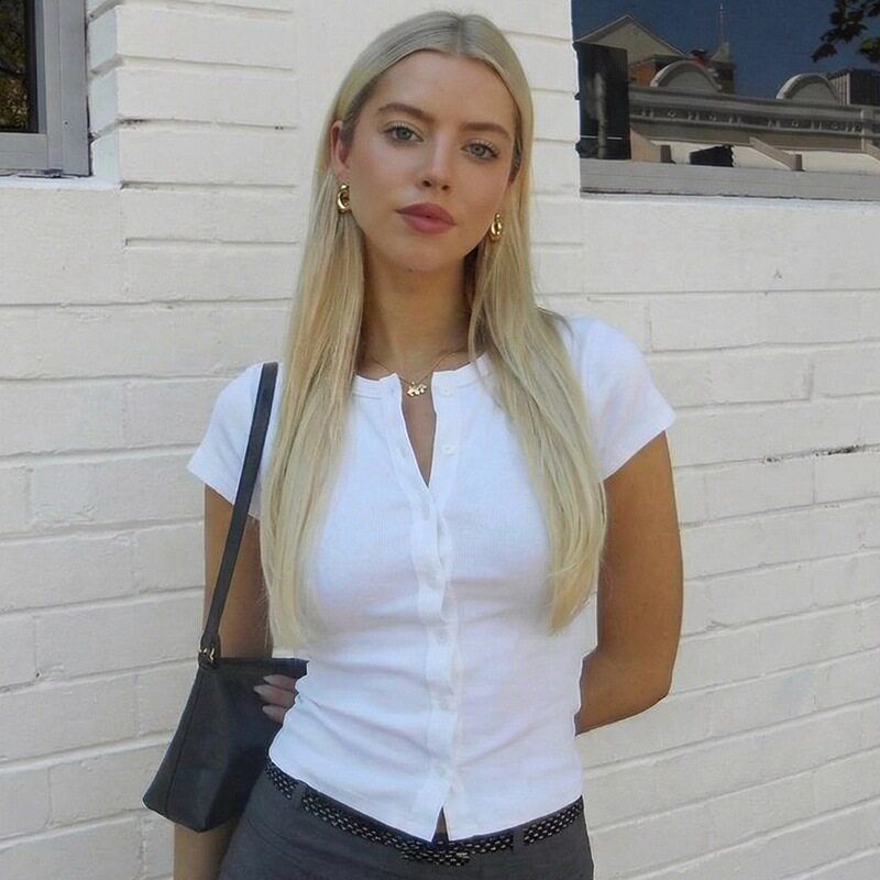 Women's Ribbed Henley Short Sleeve Top, Button Front Slim Fit Knit T-Shirt-Tactilefable