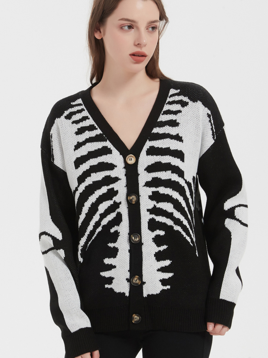 Women's Skeleton Print Knit Cardigan, V Neck Long Sleeve Single Breasted Halloween Streetwear Sweater-TACTILEFABLE