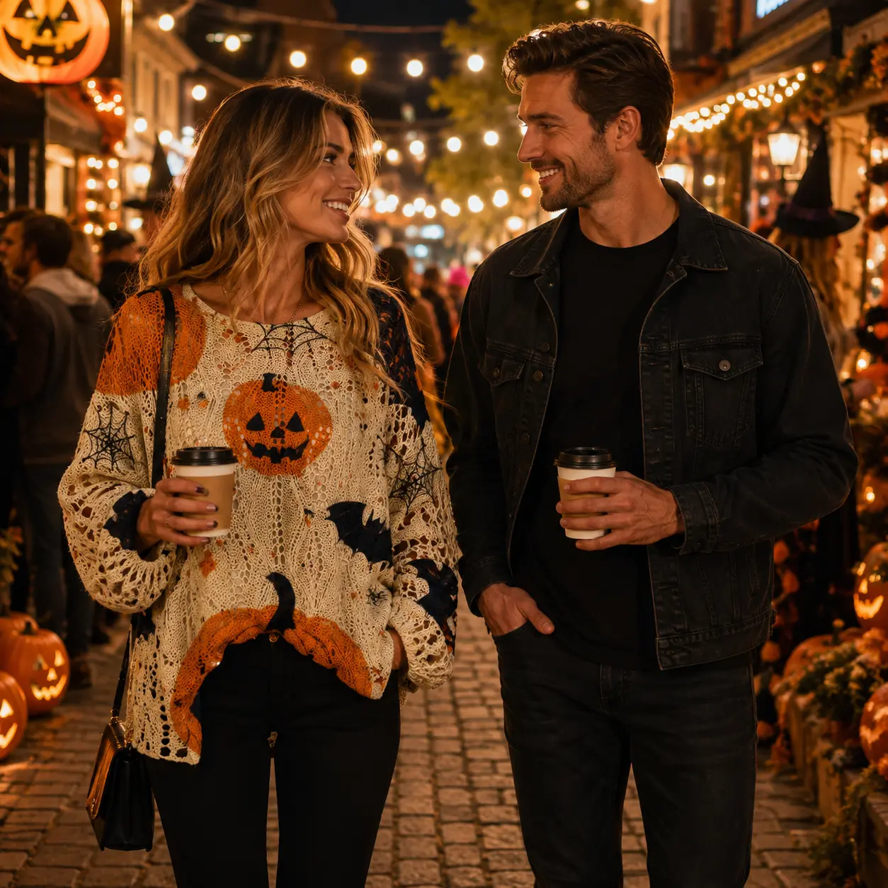 Women's Long-Sleeve Style Knitwear Piece, Halloween Pumpkin-Bat Print Casual Fall Pullover.