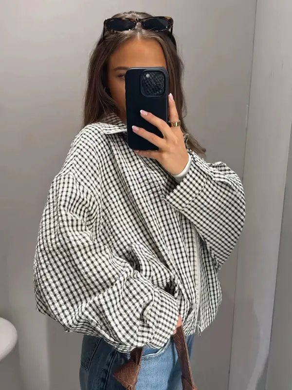 Jacket Female Spring Summer Black & White Gingham Check Cropped Bomber Jacket Stand Collar Zip Elasticated Waist & Cuffs Oversized Fit Lightweight Crinkled Fabric Side Pockets Daily Wear, Street Style, Office Casual-Tactilefable