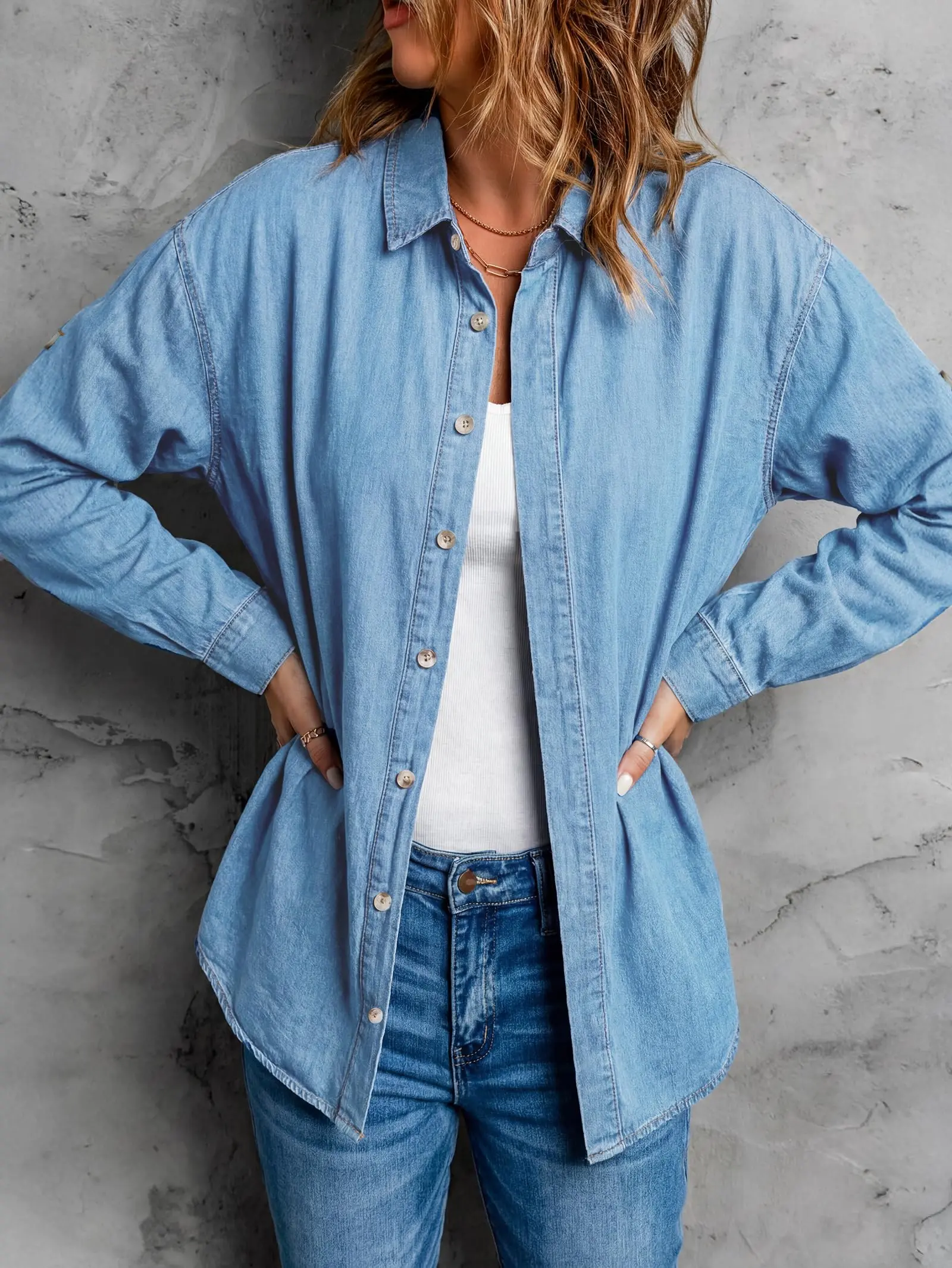 Women Oversized Long Denim Shirt, Roll Tab Sleeve Button Down Casual Tunic Top-Tactilefable