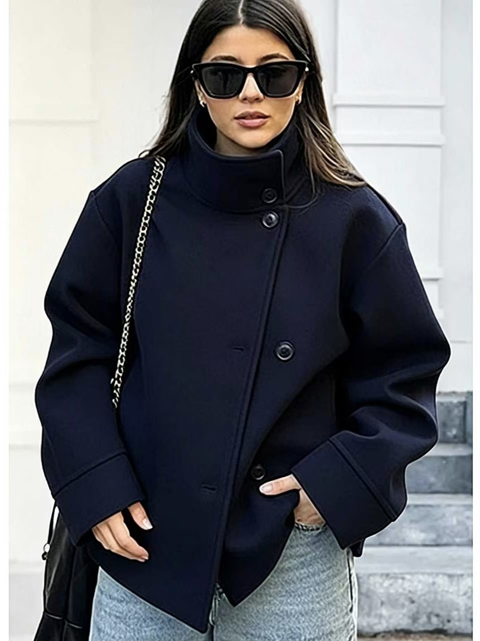 Women Short Stand Collar Wool Look Coat, Loose Asymmetric Button Down Fall Outerwear