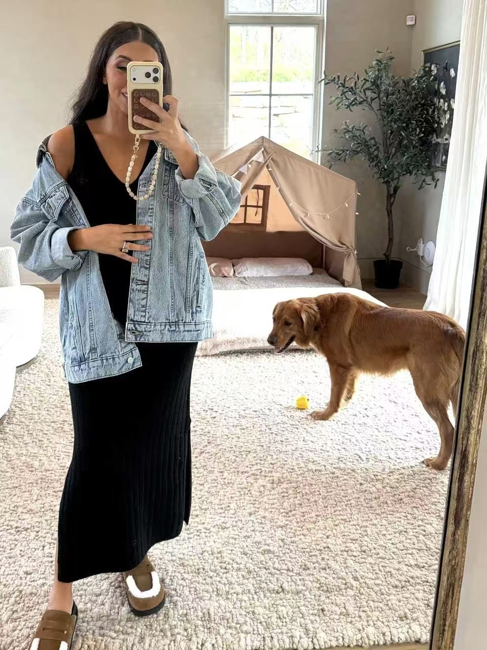 Women’s Oversized Mid-Long Denim Jacket  Fit Jean Jacket with Pockets Casual Loose Denim Coat-TACTILEFABLE