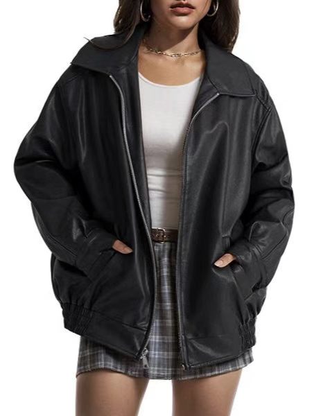 Women's Oversized Faux Leather Jacket for Fall and Winter-Tactilefable