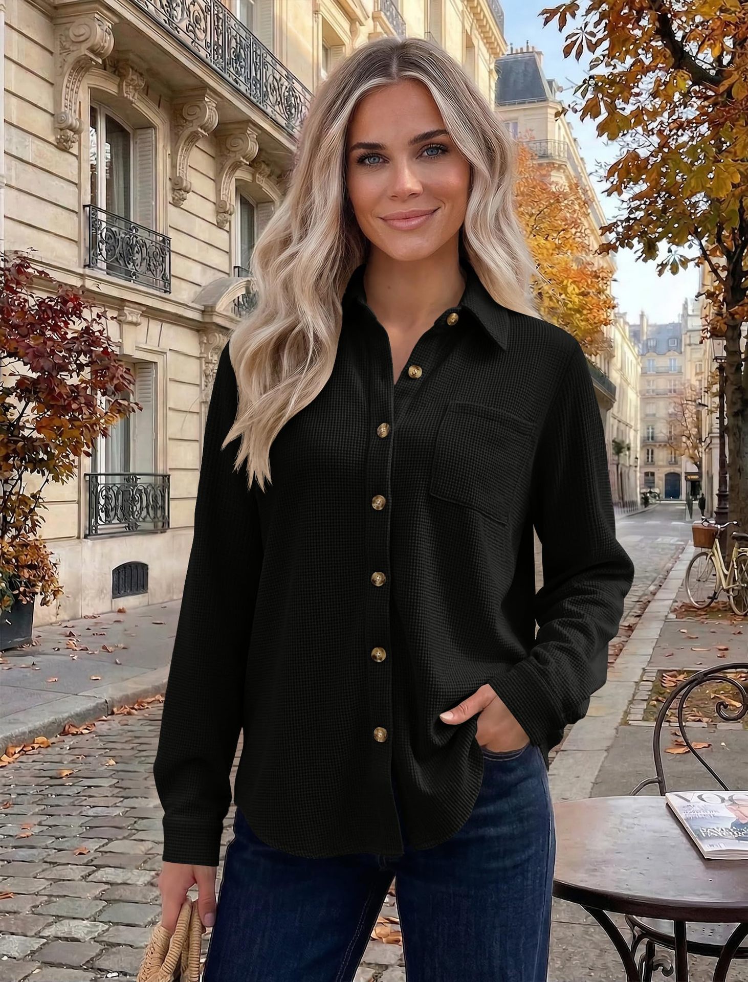 Women's Casual Waffle Knit Top, Button Down Long Sleeve Shacket-Tactilefable