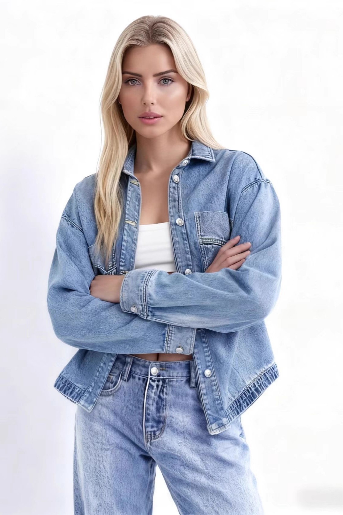 Long Sleeve Denim Jacket for Women,Drop Shoulder Curved Hem Denim, Classic Button Down Denim Jacket with Chest Pockets.-TACTILEFABLE