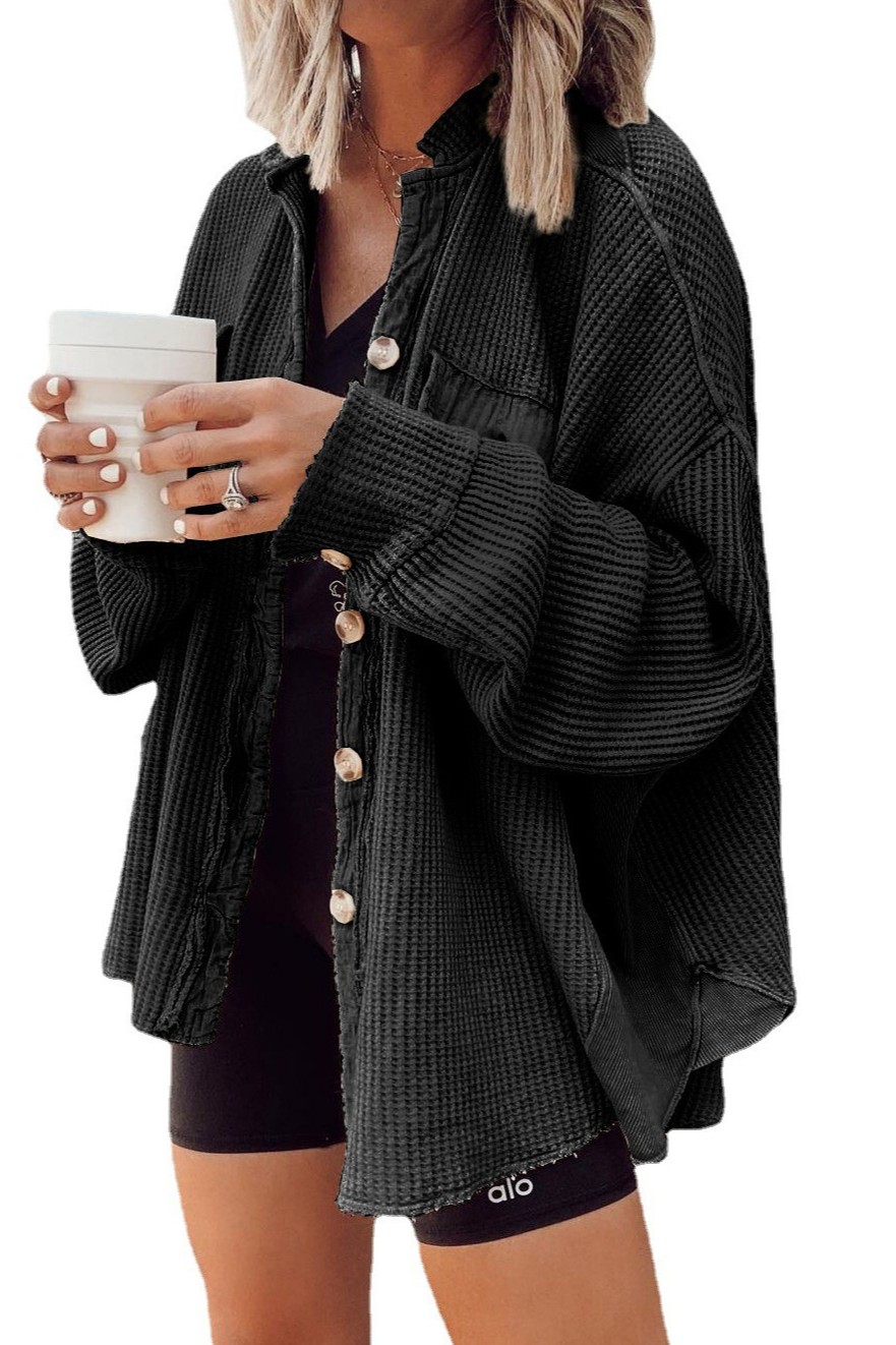 Women's Loose Fit Batwing Sleeve Waffle Knit Button Down Shacket Top-Tactilefable