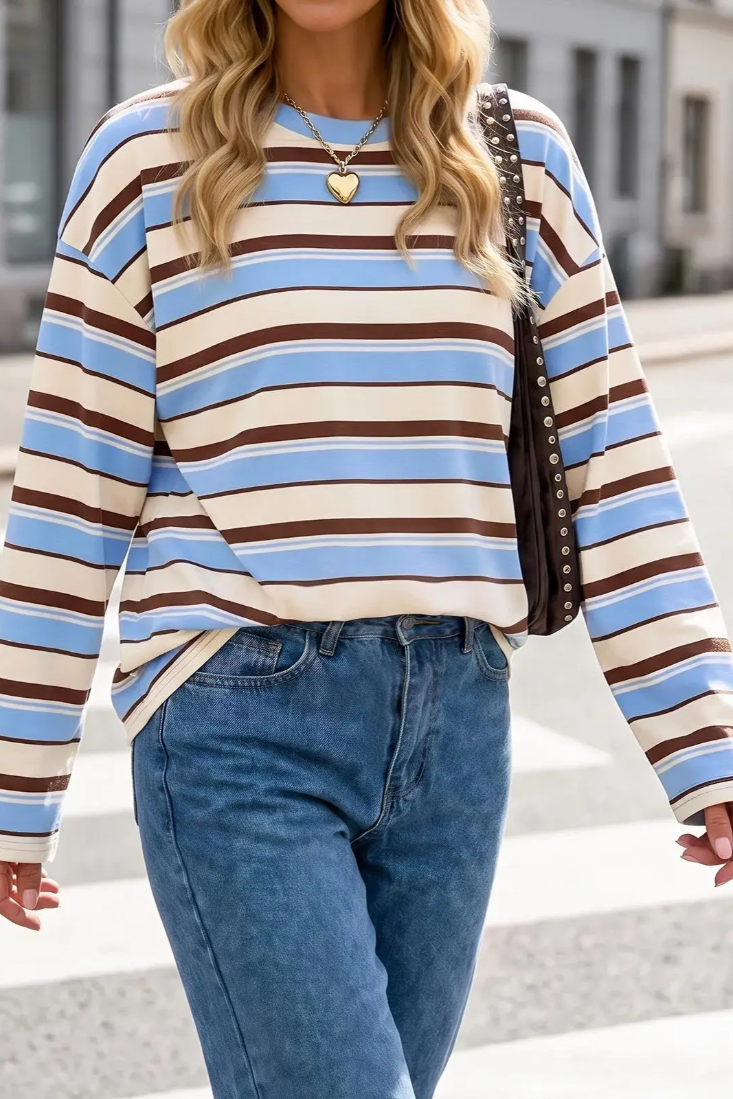 Womens Crew Neck Horizontal Striped Long Sleeve T Shirts, Oversized Loose-Tactilefable