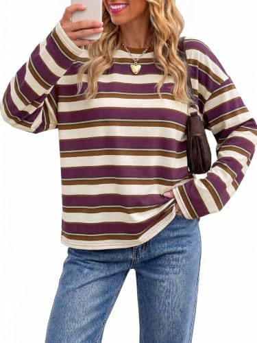 Womens Crew Neck Horizontal Striped Long Sleeve T Shirts, Oversized Loose-Tactilefable