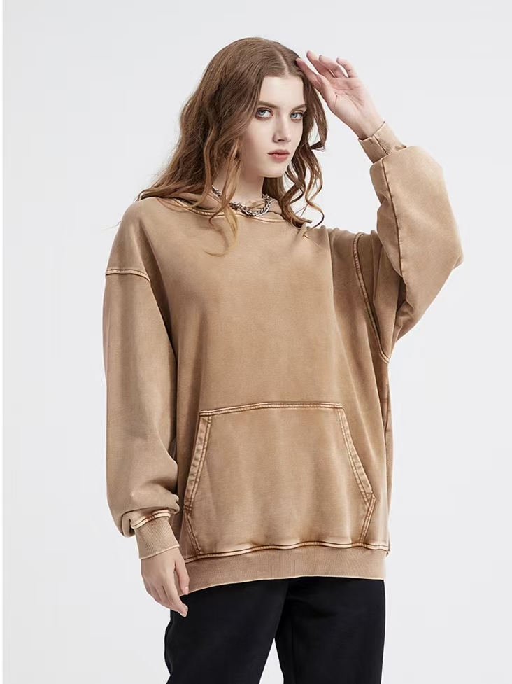 Women's Vintage Acid Washed Pullover Hoodie, Loose Drop Shoulder Casual Sweatshirt With Kangaroo Pocket-TACTILEFABLE