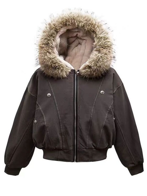 Faux Fur Lined Waterproof Bomber Jacket With Faux Fur Collar Hood, Elegant And Sophisticated,Enhances Warmth, Providing A Soft,Beautiful And Warm-TACTILEFABLE