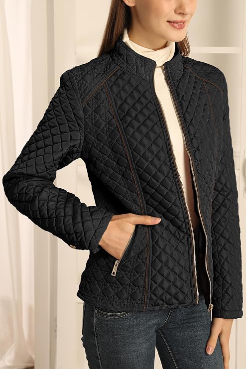 Women's Fall Winter Casual Quilted Lightweight Jacket, Warm Fitted Puffer Coat with Pockets, Plain Style for Commuting-TACTILEFABLE