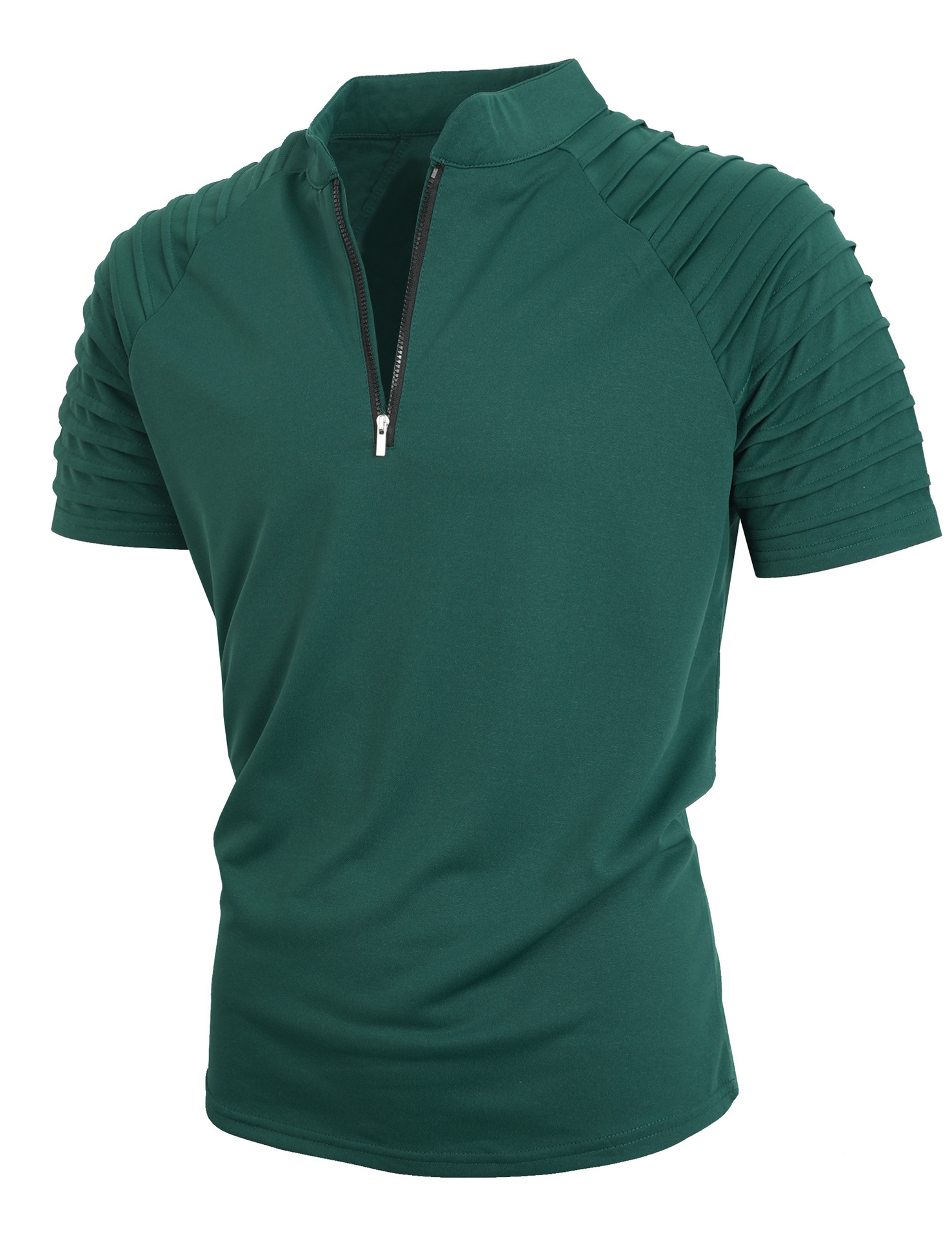 Men's Stand Collar Half Zip Short Sleeve Shirt, Pleated Raglan Shoulder Solid Color Casual Tee-TACTILEFABLE