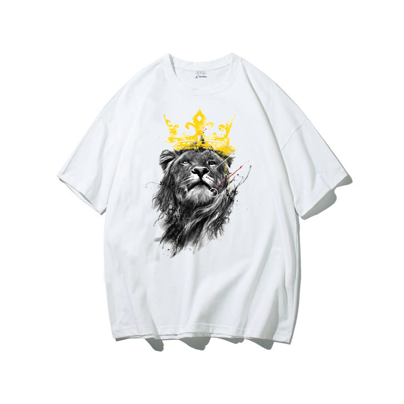 Casual and stylish gold crown lion print T-shirt-Tactilefable