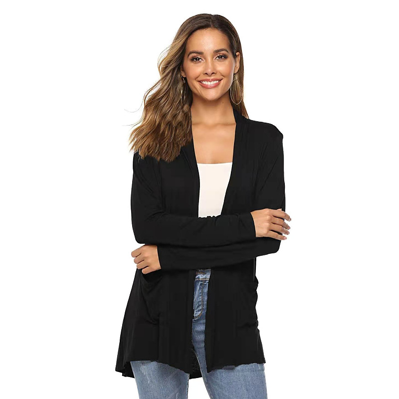 Women's Modal Long Sleeve Open Front Cardigan, V Neck Mid Length Casual Knit Cardigan with Pockets-TACTILEFABLE