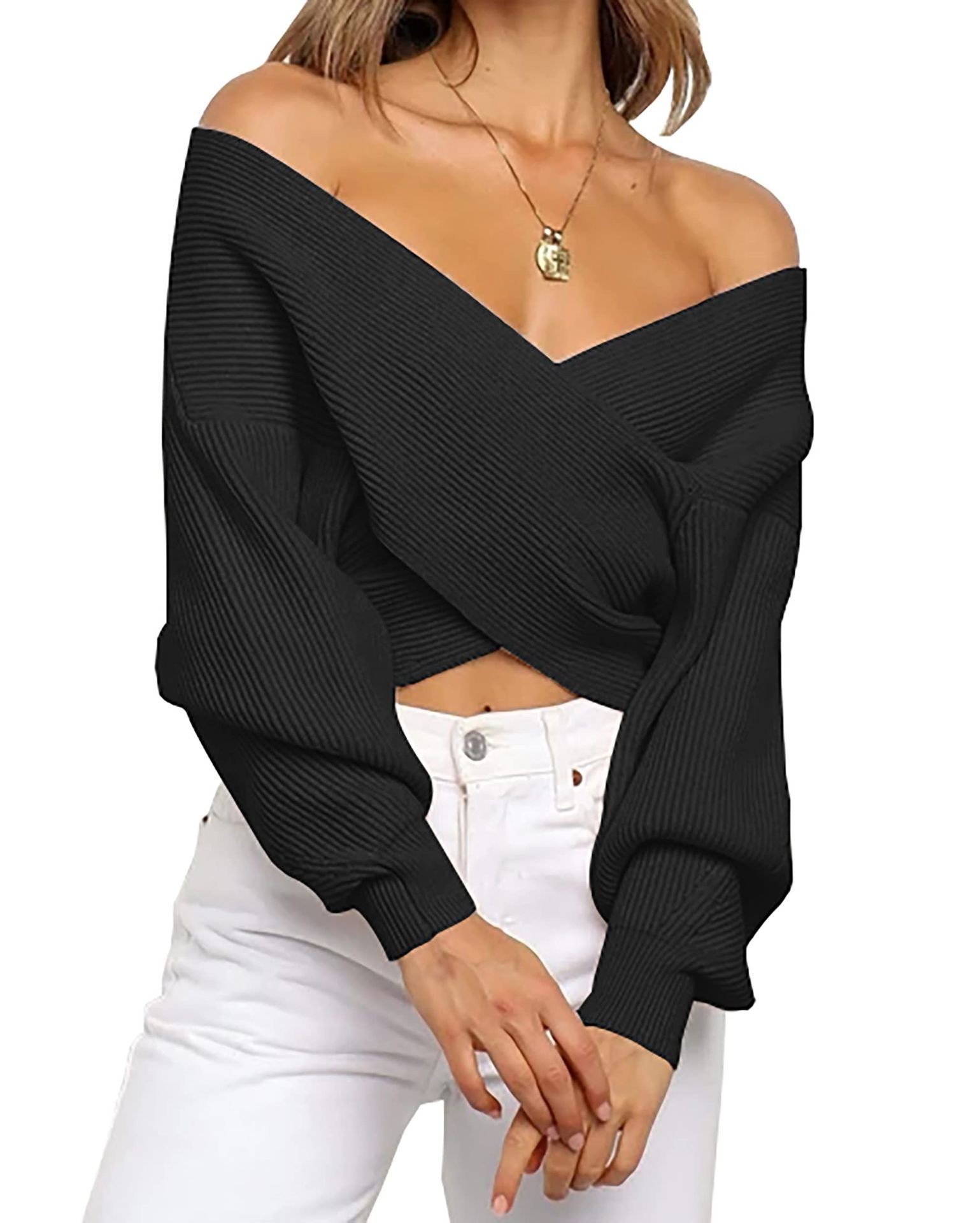 Off The Shoulder Sweater for Women Winter Fall Fashion V Neck Long Sleeve Ribbed Knit Wrap Cropped Sweaters-TACTILEFABLE