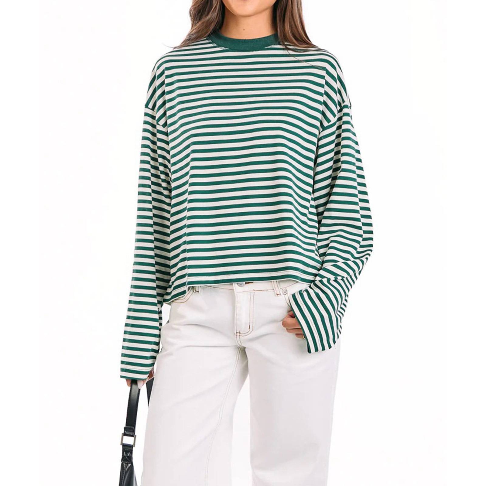 Women's Color Block Striped Long Sleeve Top, Loose Crew Neck Batwing Sleeve Casual Tee, All Seasons Wear, Moderate Thickness-TACTILEFABLE