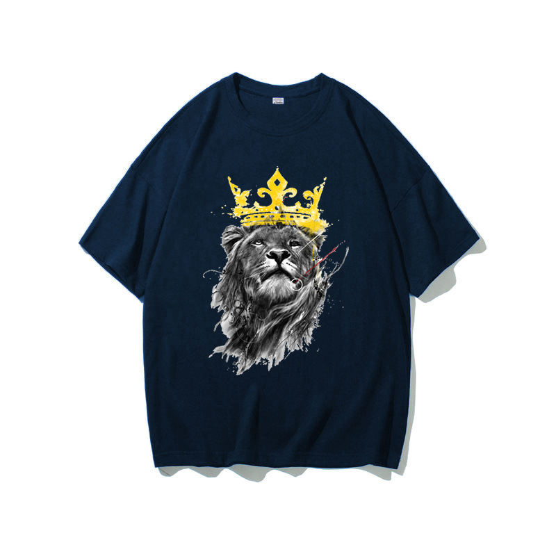 Casual and stylish gold crown lion print T-shirt-Tactilefable