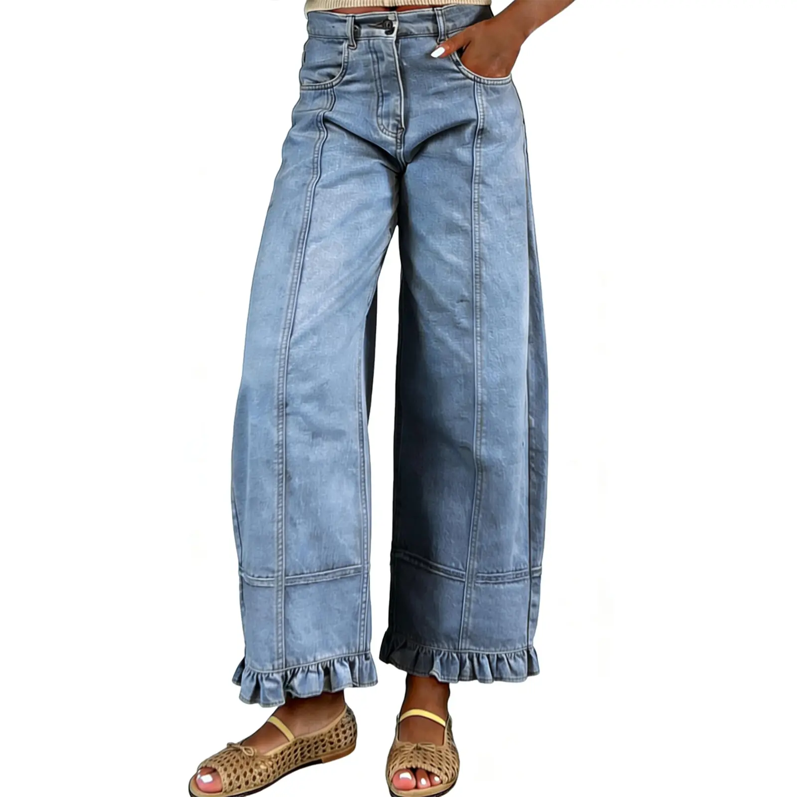 Women's Mid Rise Wide Leg Denim Pants, Ruffle Hem Seamed Washed Jeans-Tactilefable