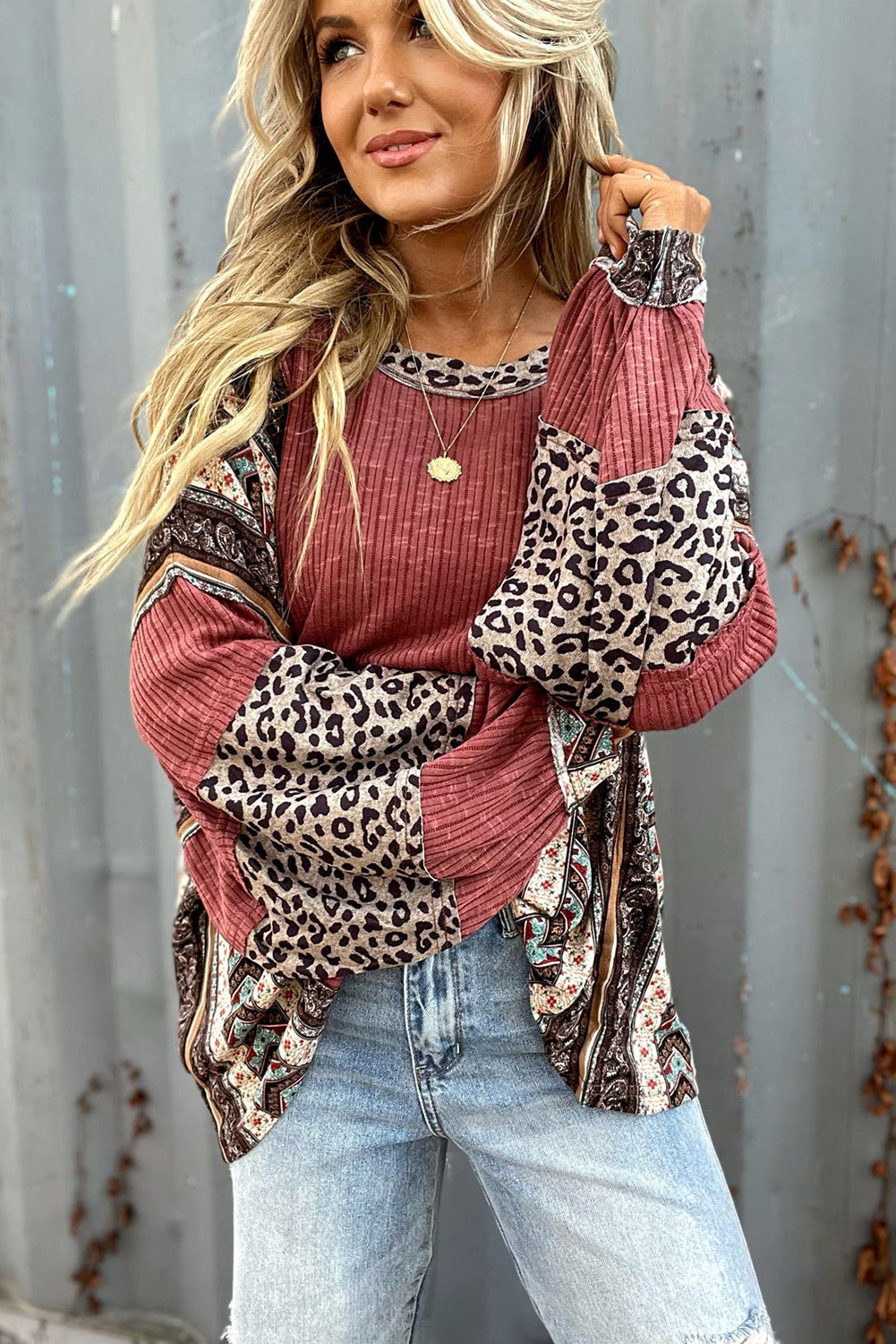 Women's Boho Leopard Patchwork Ribbed Top, Crew Neck Long Sleeve Loose Fit Tunic Blouse-Tactilefable