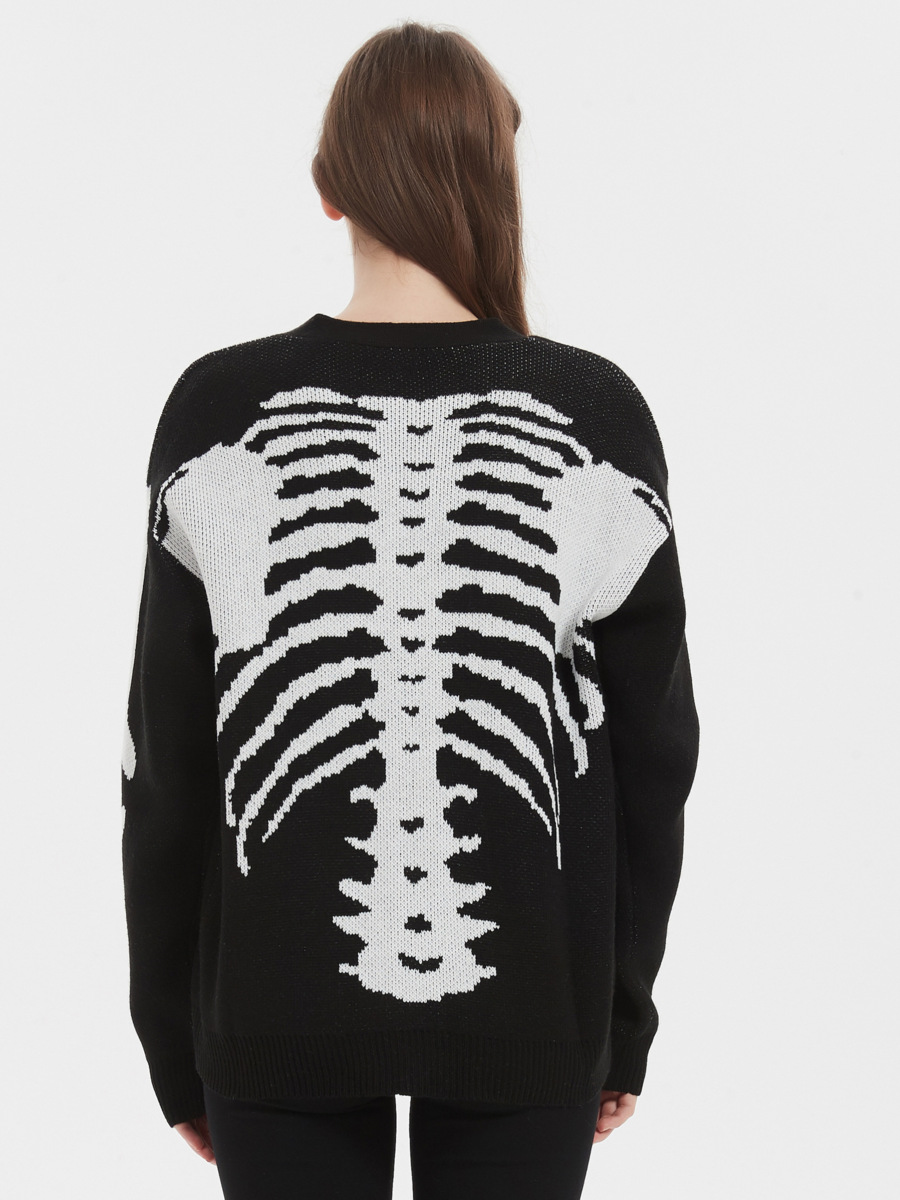 Women's Skeleton Print Knit Cardigan, V Neck Long Sleeve Single Breasted Halloween Streetwear Sweater-TACTILEFABLE