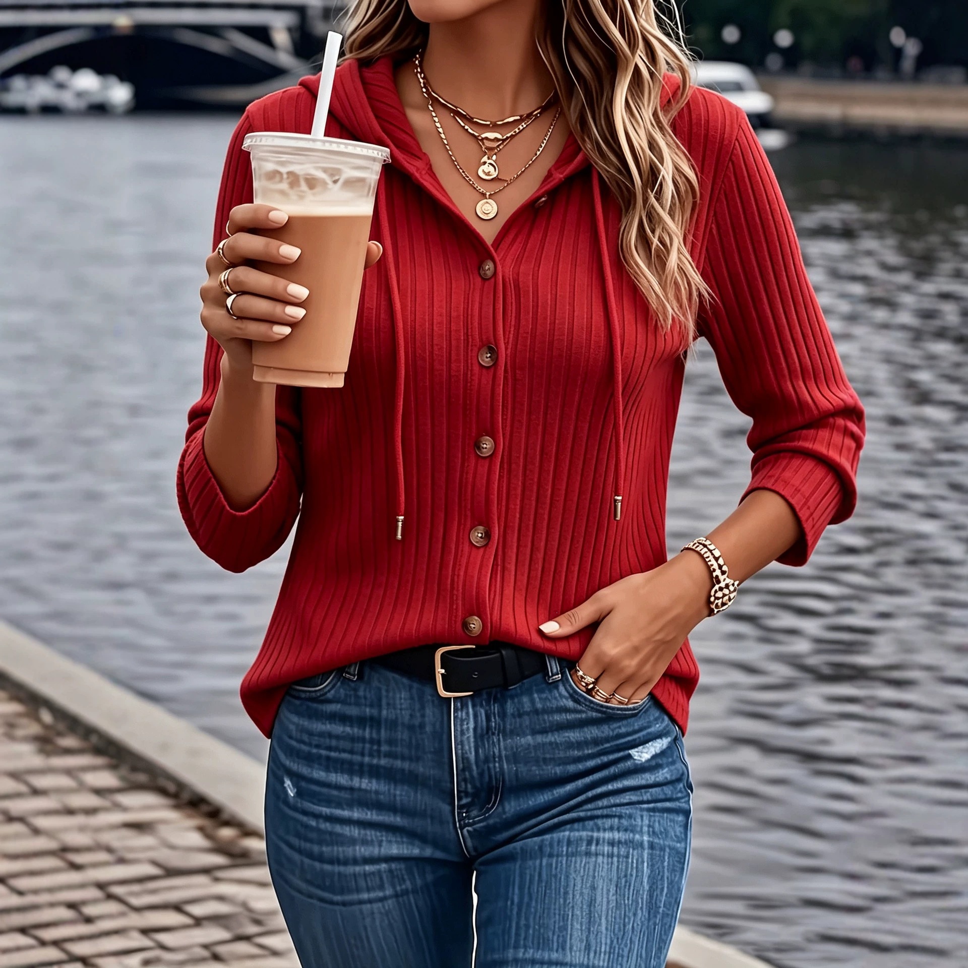 Women's Ribbed Hooded Button Down Cardigan, Long Sleeve Slimming Fit Casual Hoodie Top for Fall-TACTILEFABLE