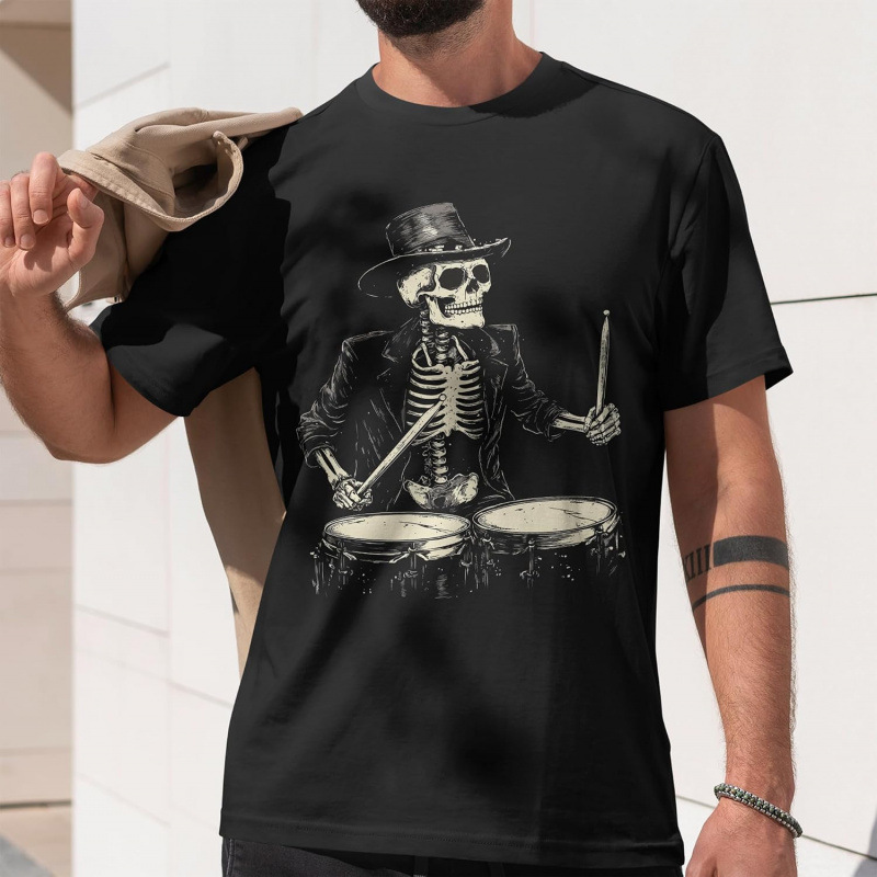 Men’s Cotton Skeleton Drummer Rock Graphic Crew Neck Short Sleeve Tee-Tactilefable