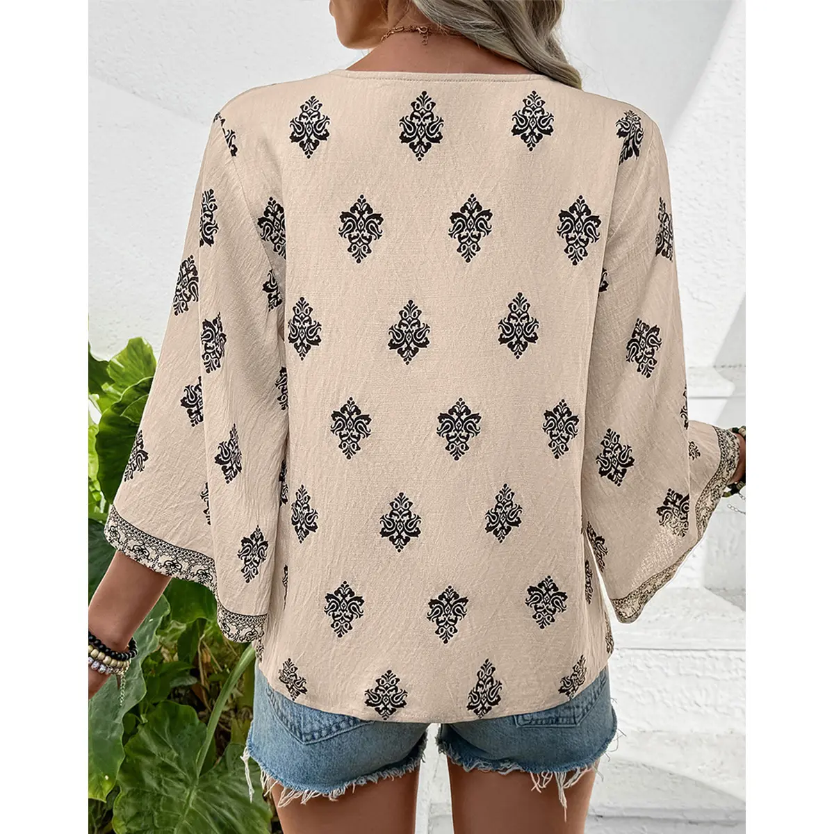 Bohemian Geometric Print V Neck Blouse for Women-Tactilefable
