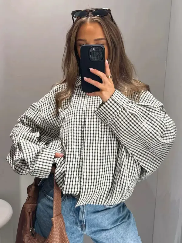 Jacket Female Spring Summer Black & White Gingham Check Cropped Bomber Jacket Stand Collar Zip Elasticated Waist & Cuffs Oversized Fit Lightweight Crinkled Fabric Side Pockets Daily Wear, Street Style, Office Casual-Tactilefable