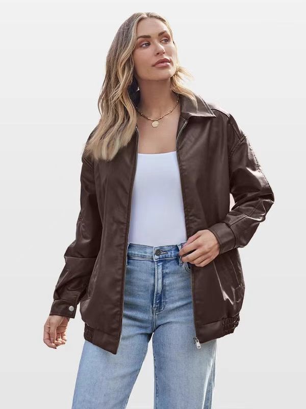 Women's Oversized Faux Leather Jacket for Fall and Winter-Tactilefable