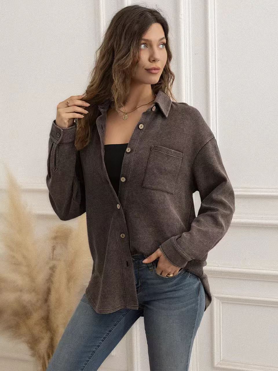Women Loose Mid-Length Corduroy Shirt, Lapel Button Down Casual Fall Tunic Top-Tactilefable