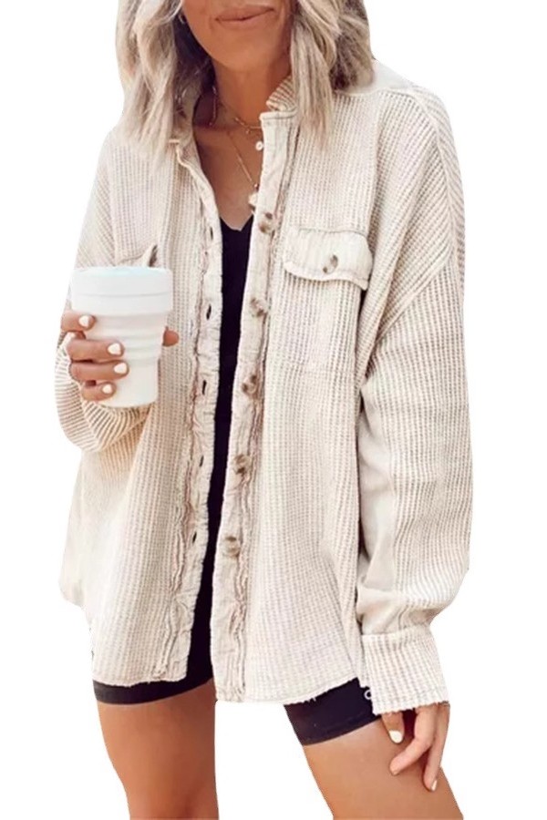 Women's Loose Fit Batwing Sleeve Waffle Knit Button Down Shacket Top-Tactilefable