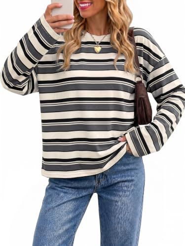 Womens Crew Neck Horizontal Striped Long Sleeve T Shirts, Oversized Loose-Tactilefable