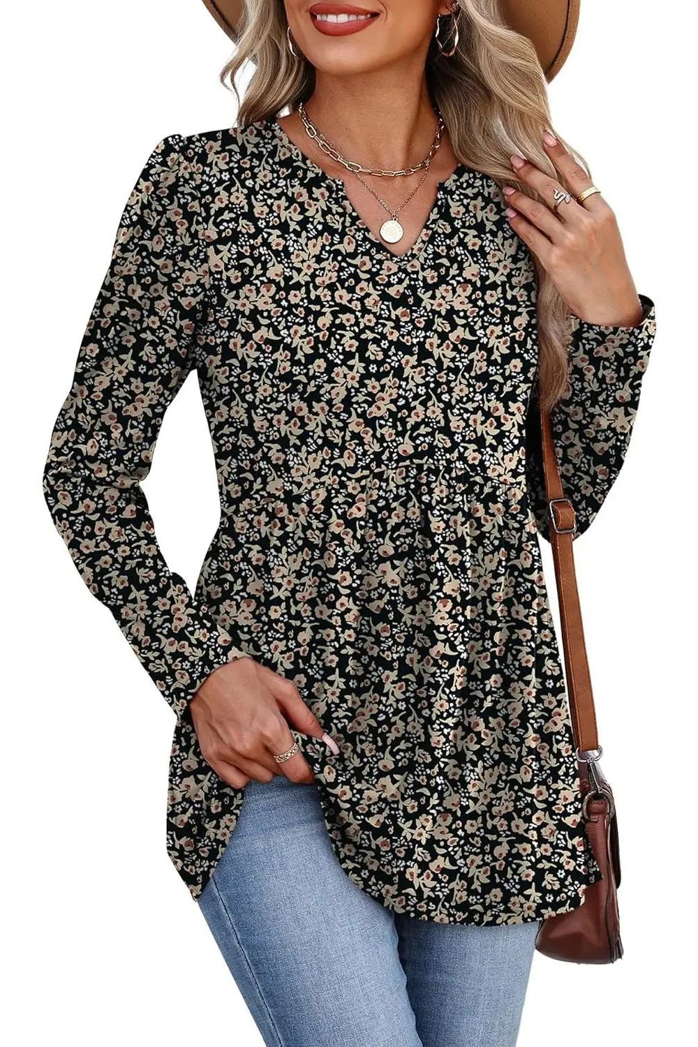 Womens Tops Long Sleeve Fall Shirts Babydoll Peplum Tops for Women V Neck Tunic Dressy Casual Blouses