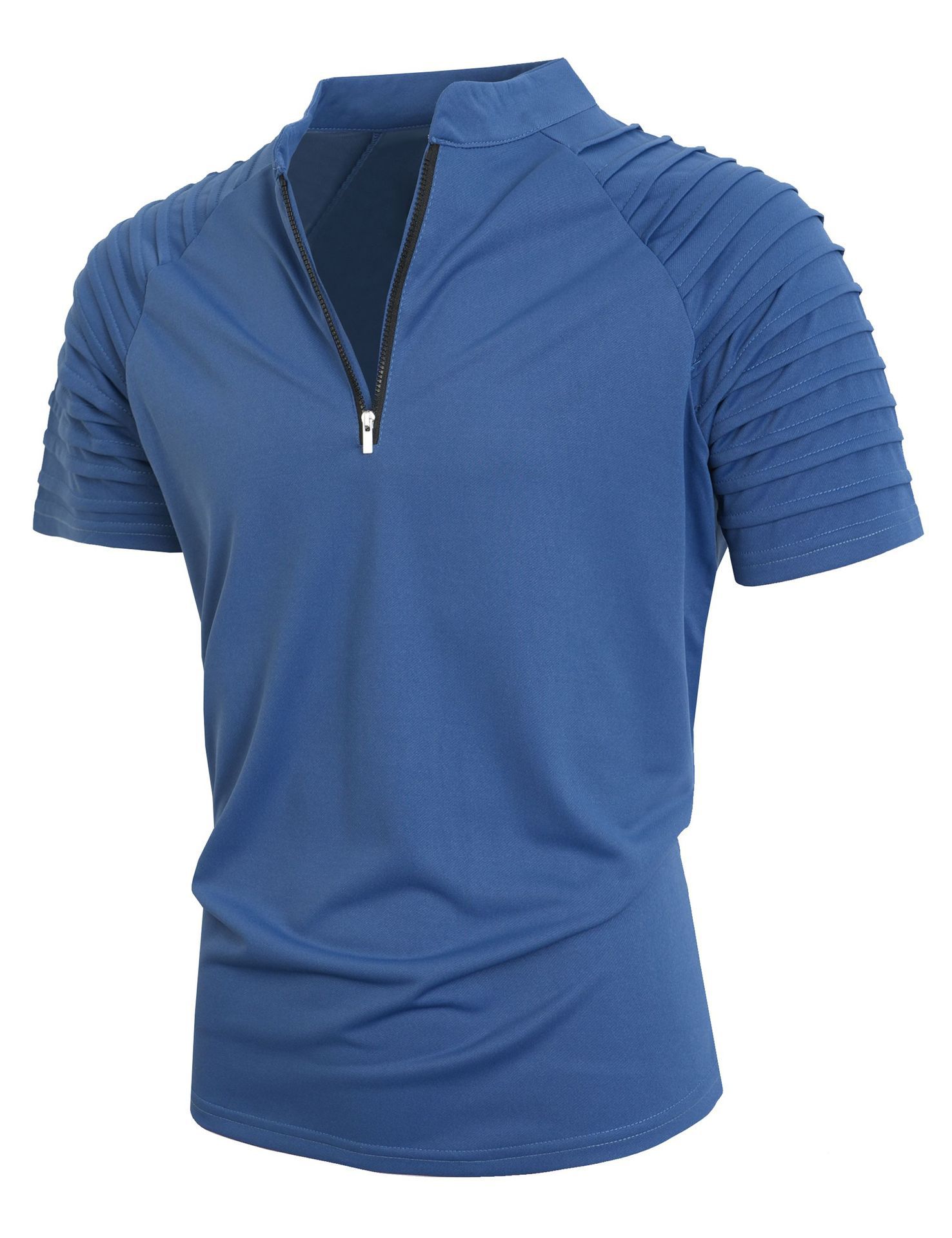 Men's Stand Collar Half Zip Short Sleeve Shirt, Pleated Raglan Shoulder Solid Color Casual Tee-TACTILEFABLE