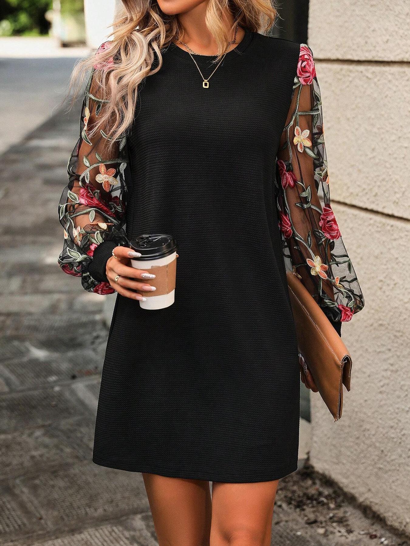 Classic Floral Mesh Dress with Puff Bishop Sleeves – Stylish, Seasonless, Flattering Short Dress for Parties & Special Occasions