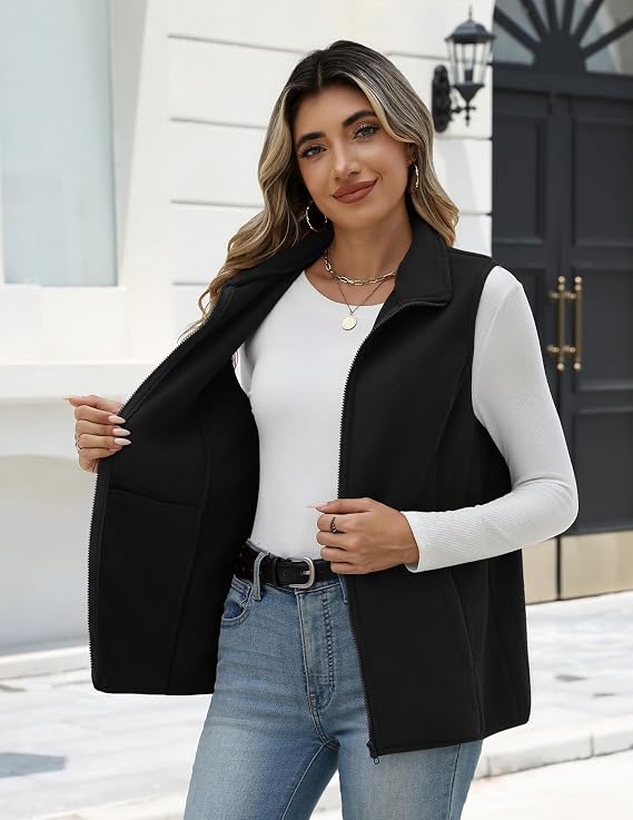 Womens Outerwear Vests With Pockets Zipper Sleeveless Fleece Jackets-Tactilefable