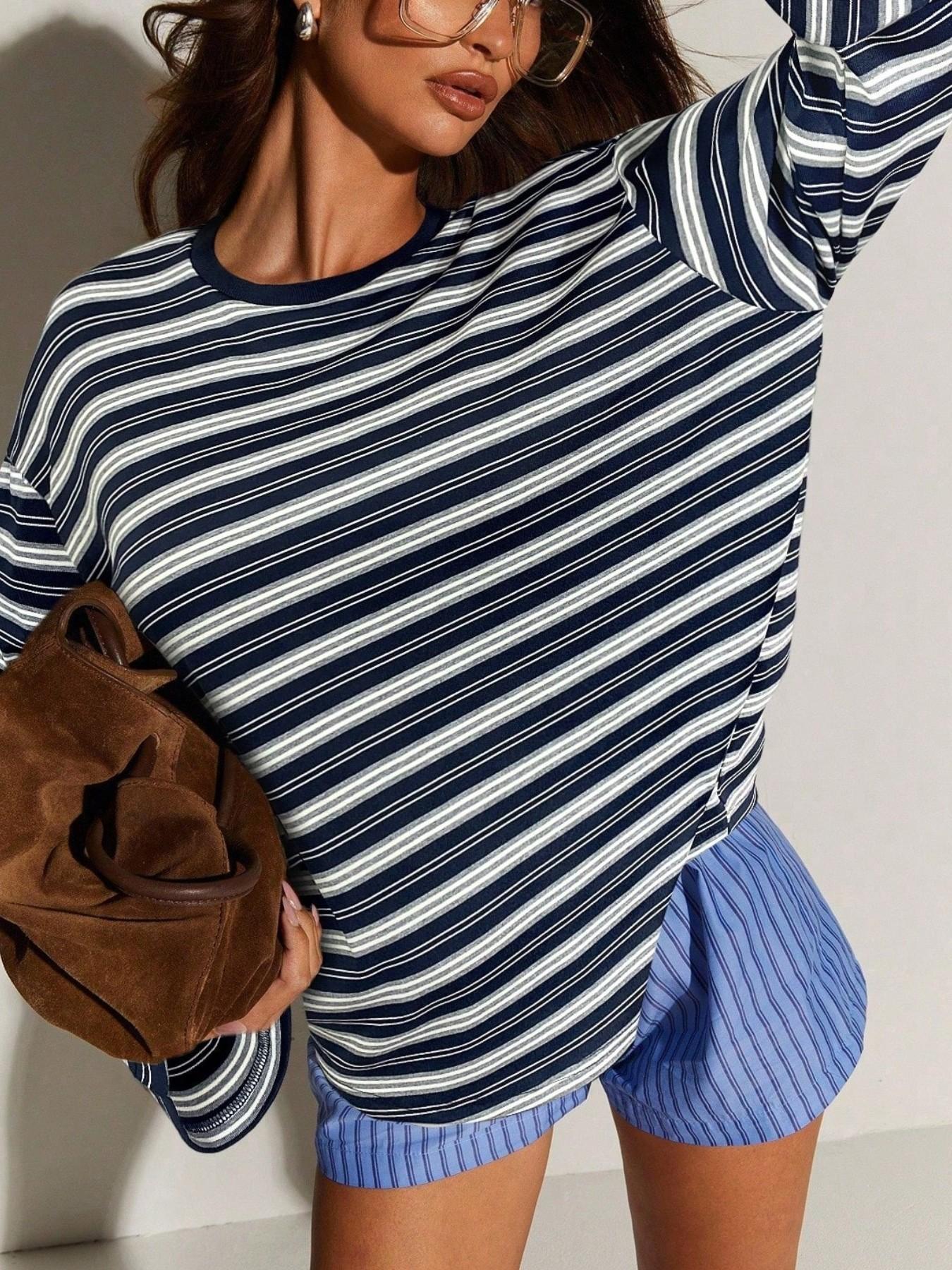 Women's Classic Casual Striped Long Sleeve Spring Fall Round Neck Fitted Top, Versatile Stripes Design, Perfect for Daily Wear-TACTILEFABLE