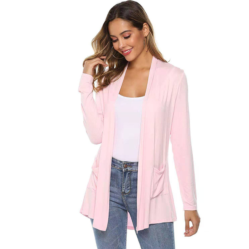 Women's Modal Long Sleeve Open Front Cardigan, V Neck Mid Length Casual Knit Cardigan with Pockets-TACTILEFABLE