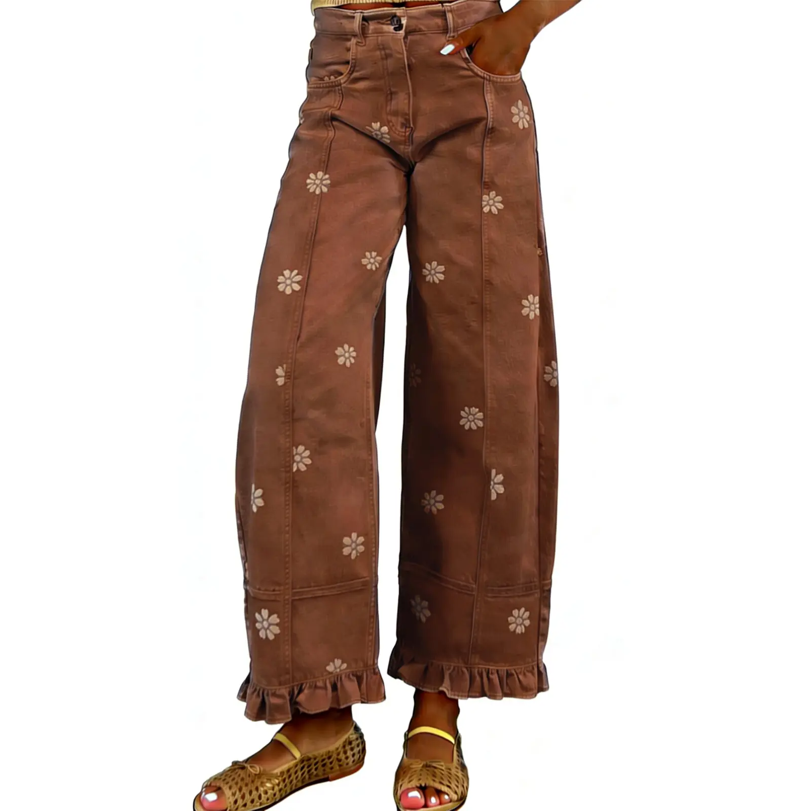 Women's High Waist Floral Print Wide Leg Pants, Ruffle Hem Casual Trousers-Tactilefable