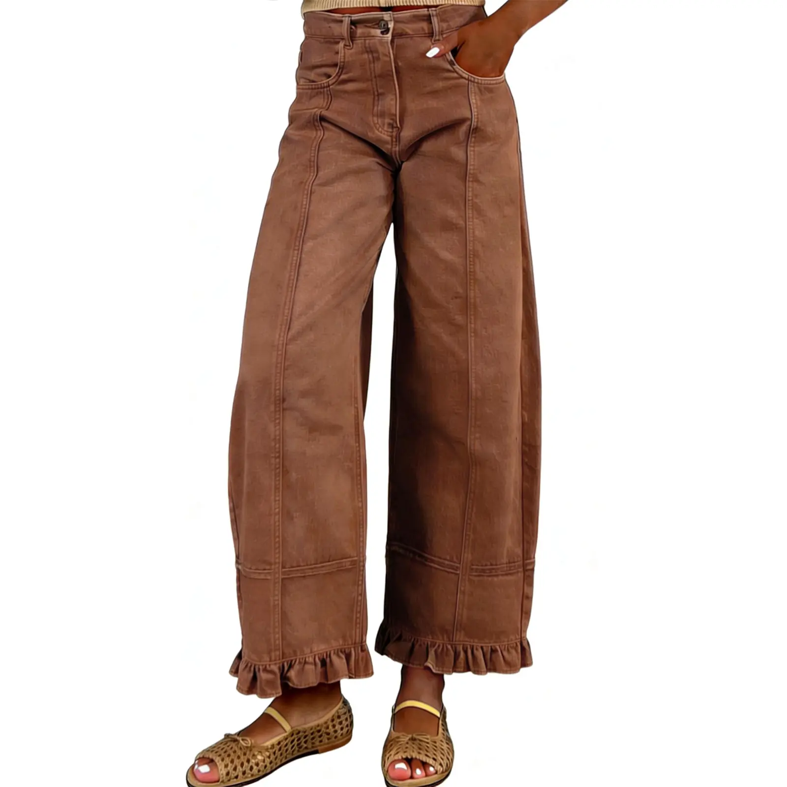 Women's Mid Rise Wide Leg Denim Pants, Ruffle Hem Seamed Washed Jeans-Tactilefable