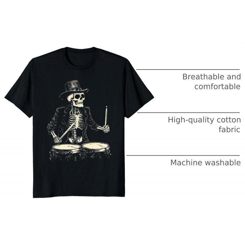 Men’s Cotton Skeleton Drummer Rock Graphic Crew Neck Short Sleeve Tee-Tactilefable