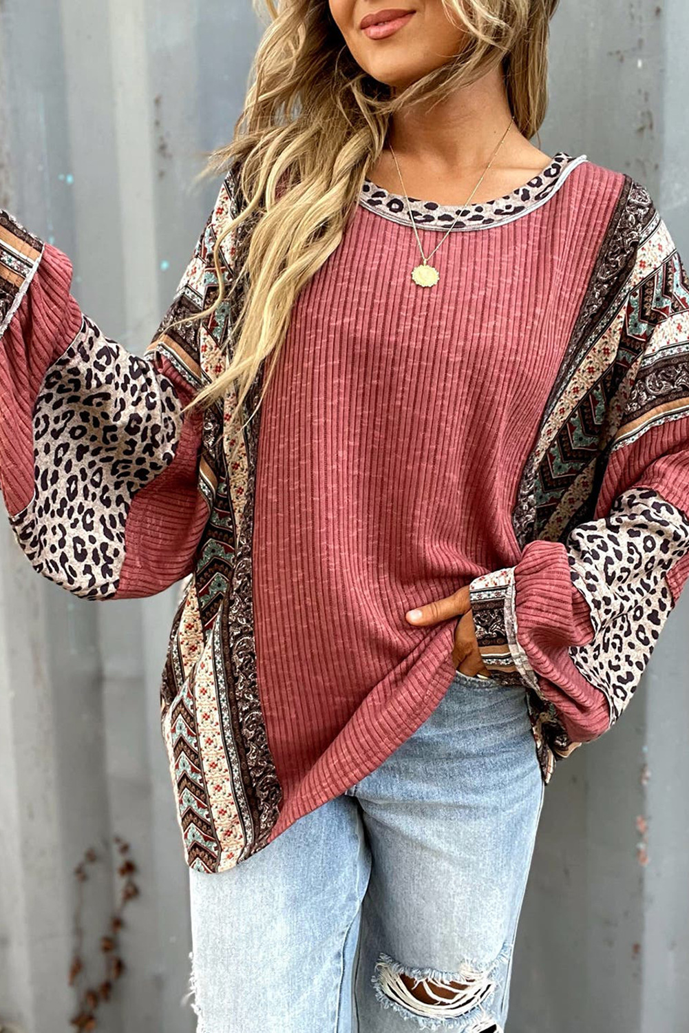 Women's Boho Leopard Patchwork Ribbed Top, Crew Neck Long Sleeve Loose Fit Tunic Blouse-Tactilefable