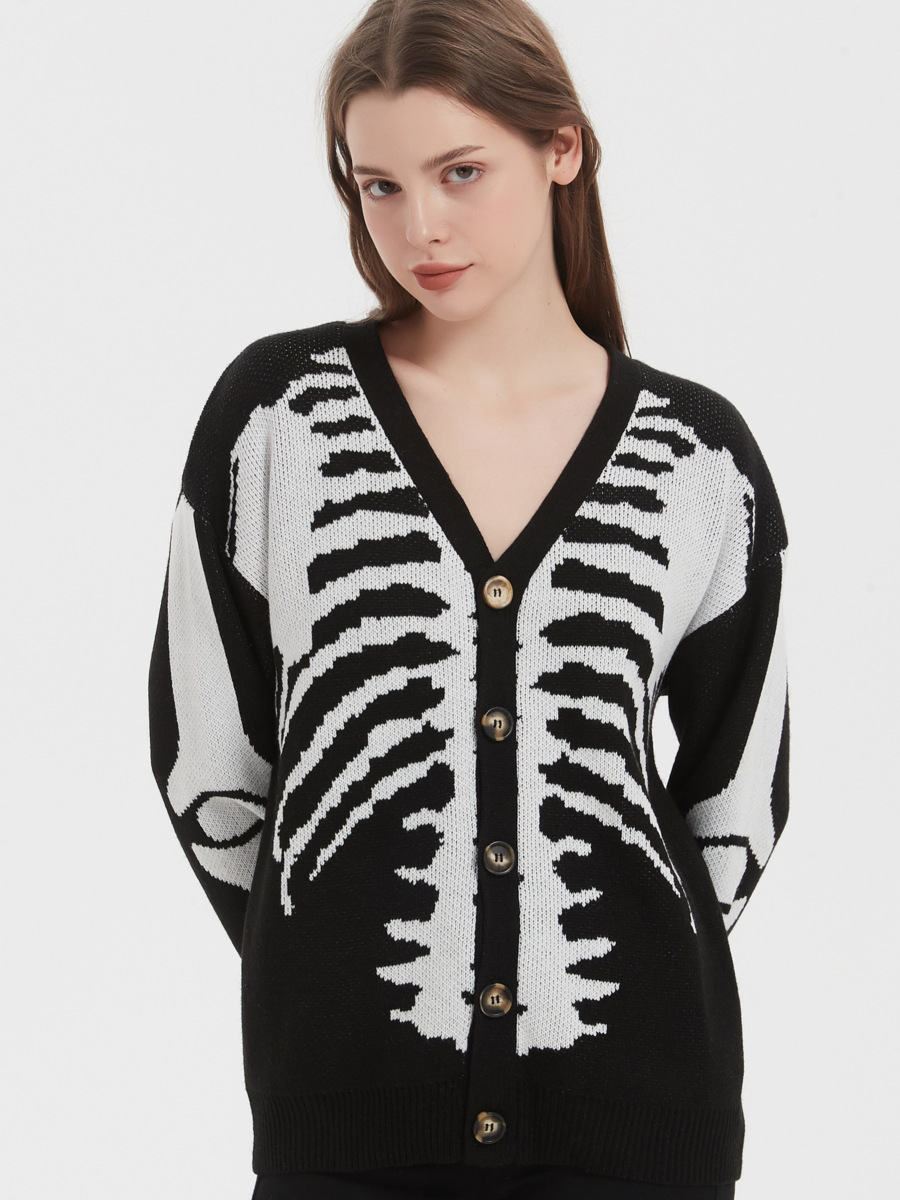 Women's Skeleton Print Knit Cardigan, V Neck Long Sleeve Single Breasted Halloween Streetwear Sweater-TACTILEFABLE