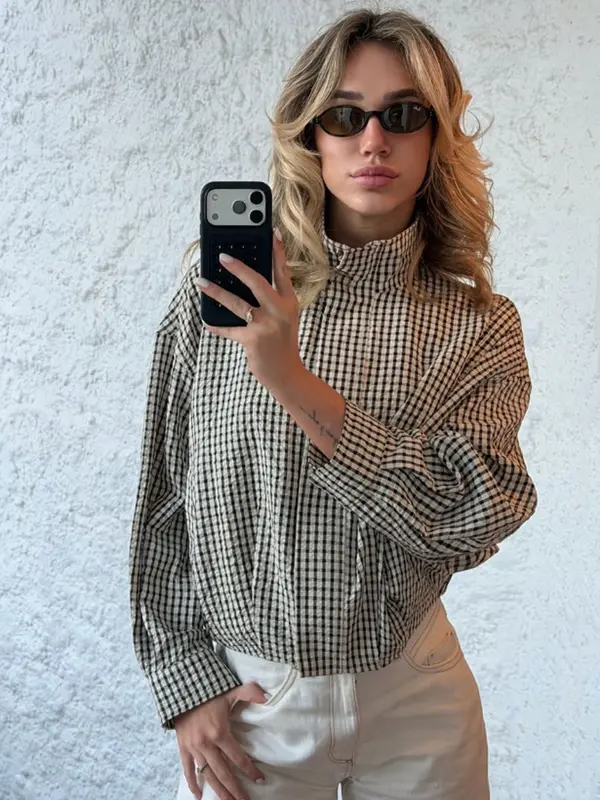 Jacket Female Spring Summer Black & White Gingham Check Cropped Bomber Jacket Stand Collar Zip Elasticated Waist & Cuffs Oversized Fit Lightweight Crinkled Fabric Side Pockets Daily Wear, Street Style, Office Casual-Tactilefable