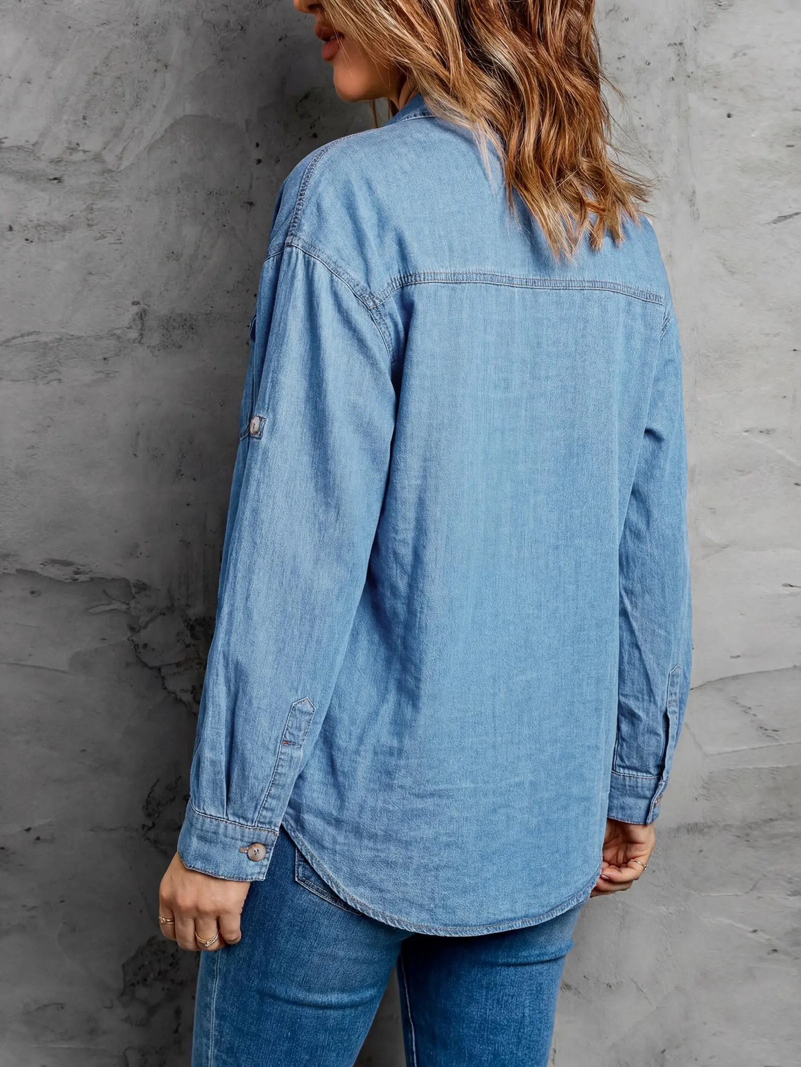 Women Oversized Long Denim Shirt, Roll Tab Sleeve Button Down Casual Tunic Top-Tactilefable